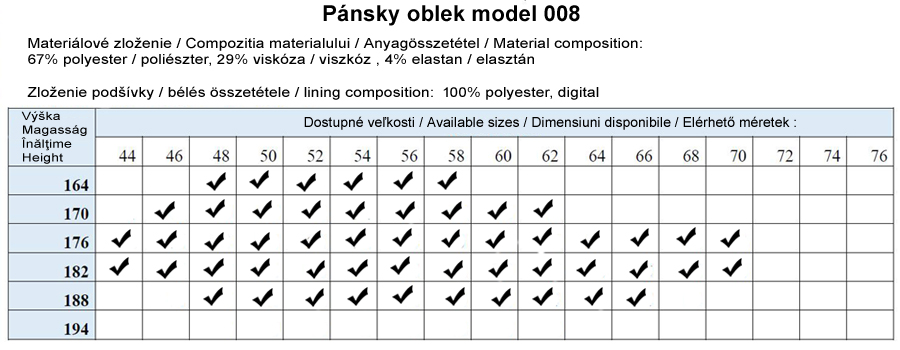 Pánsky oblek - online veľkoobchod s oblekmi.  KAN-008-NT  tabulka velkosti