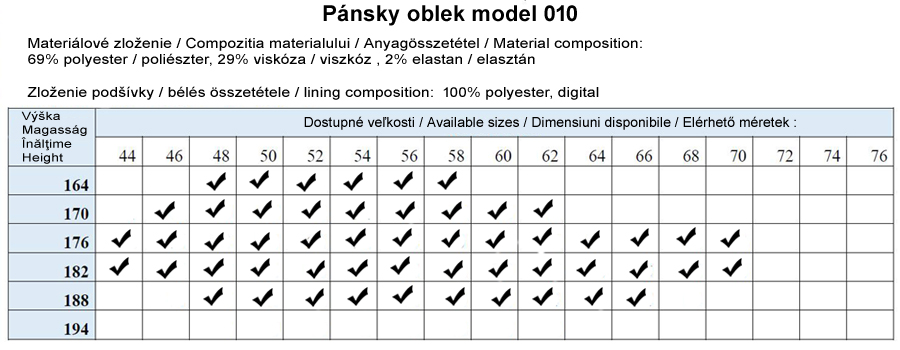 Pánsky oblek - online veľkoobchod s oblekmi.  LUI-010-NT velkosti obleku model 010