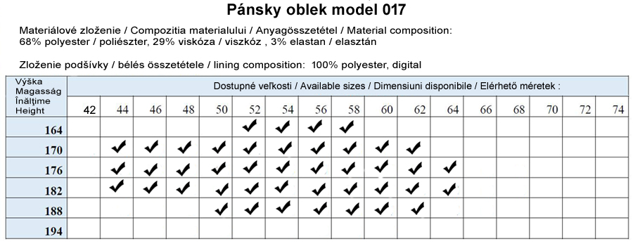 Pánsky oblek - online veľkoobchod s oblekmi. CAR-017-NT  tabulka dostupnych velkosti